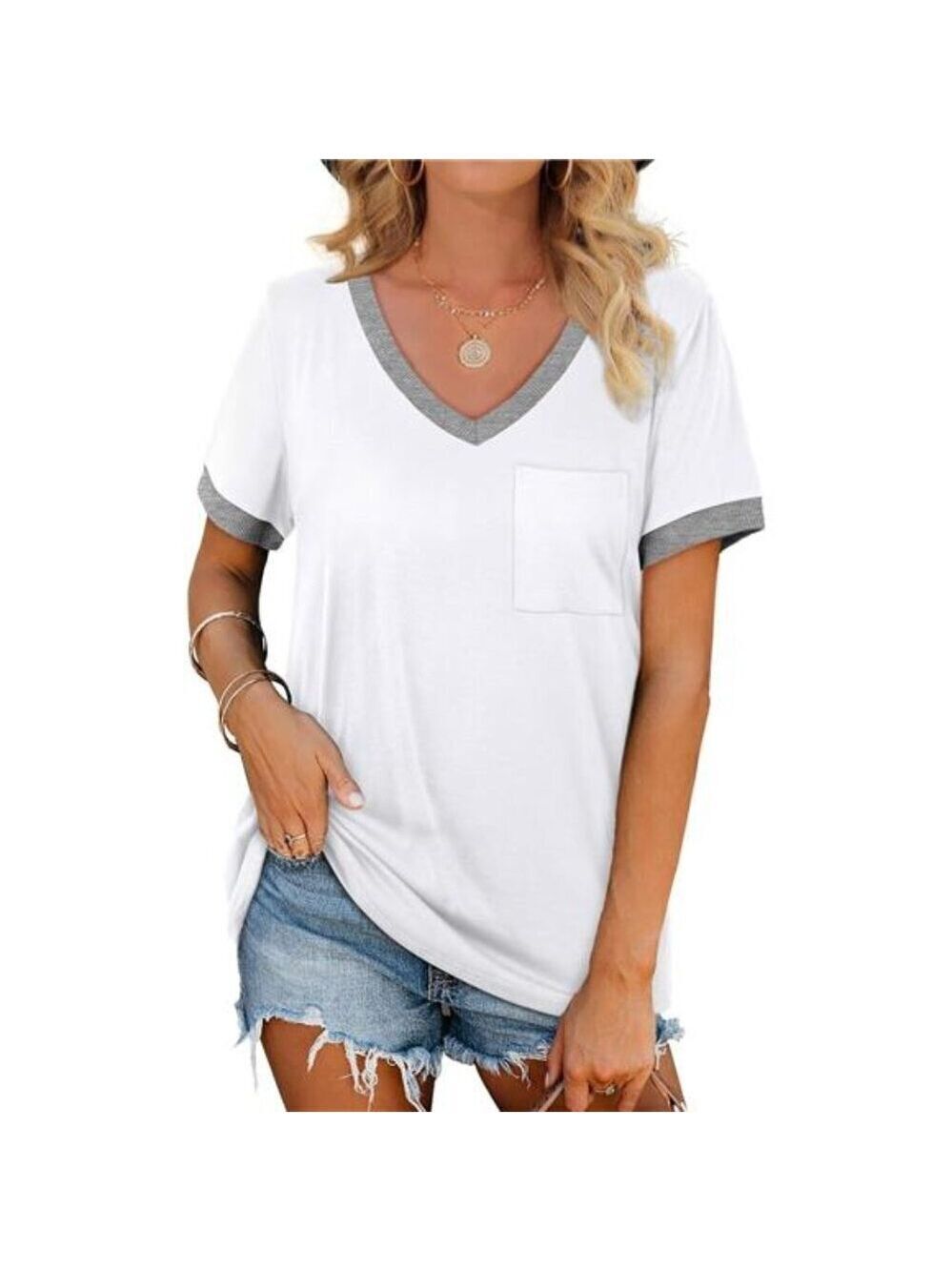 White V-Neck T-Shirt with Gray Trim & Pocket  Short Sleeve Loose Casual Tops